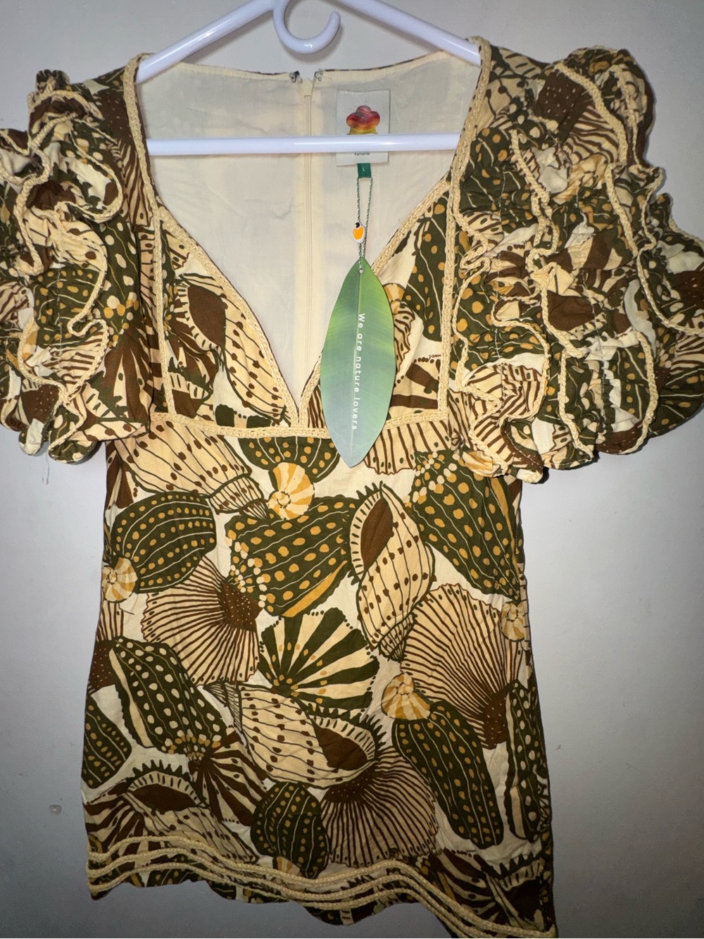NWT Farm Rio Sand Shell Boho  puff sleeve Mini Dress - Picture 10 of 12